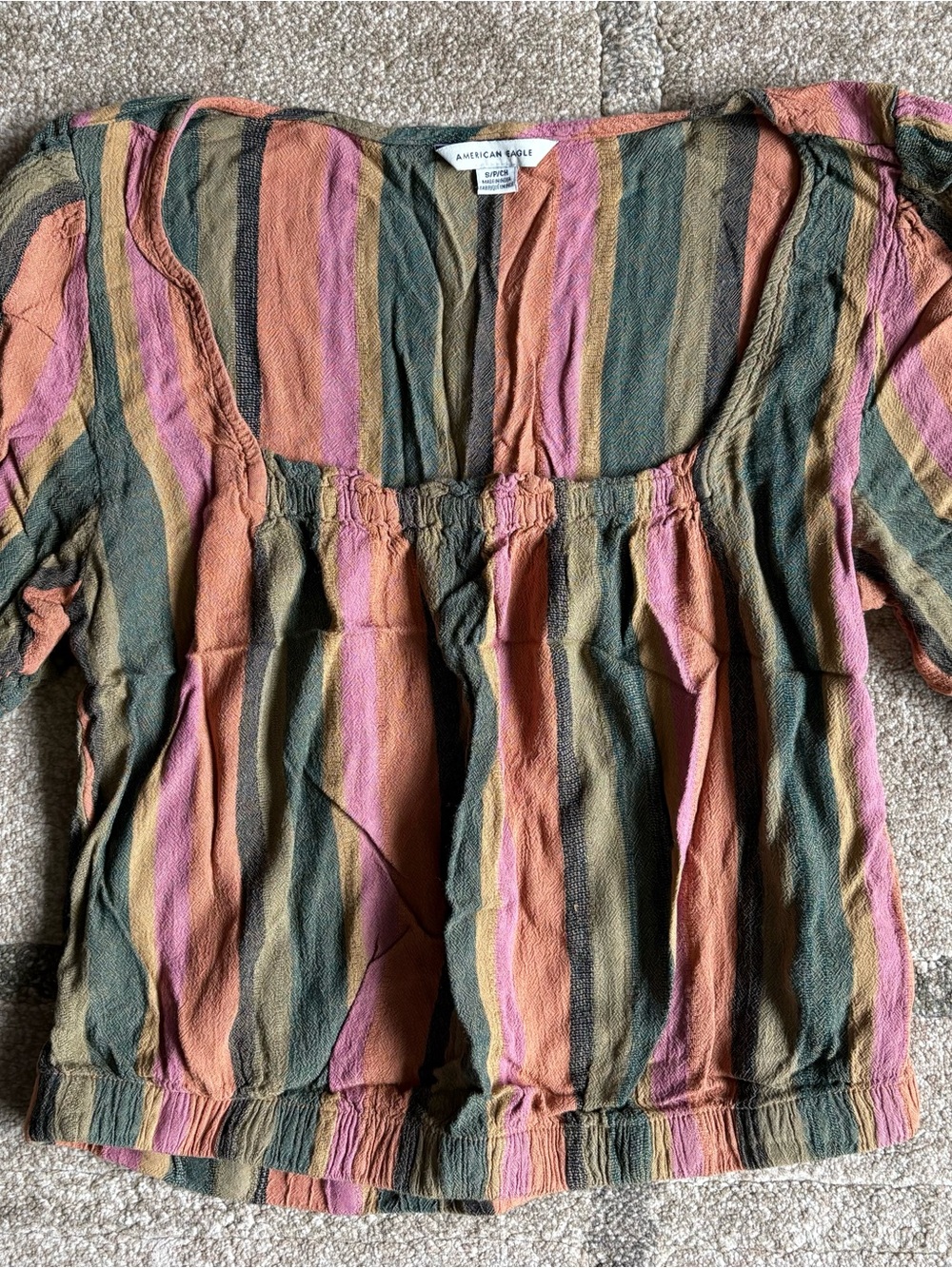 American Eagle Outfitters Striped crop Boho Peasant Top - Pink, Rust & Olive